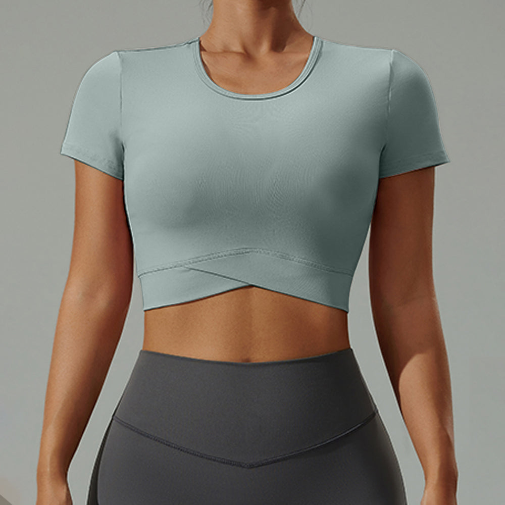 new arrival yoga wear t-shirt women's summersexy navel-baring round neck fitness wear short-sleeved high-elastic breathable sportswear