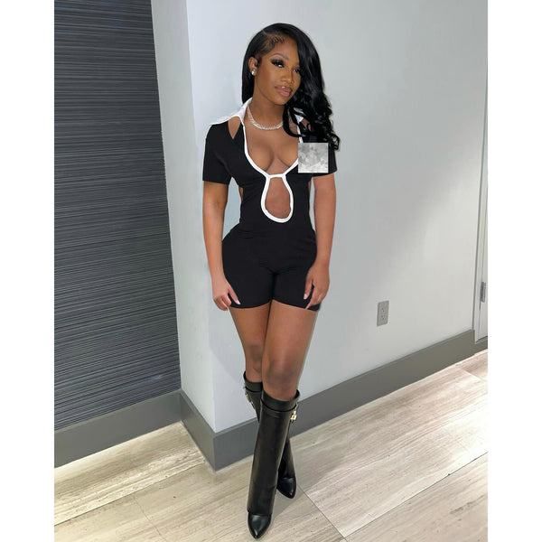 M3144L European and American women's clothing spring and summer new fashion street shot contrasting color collar tight one-piece casual shorts women's clothing