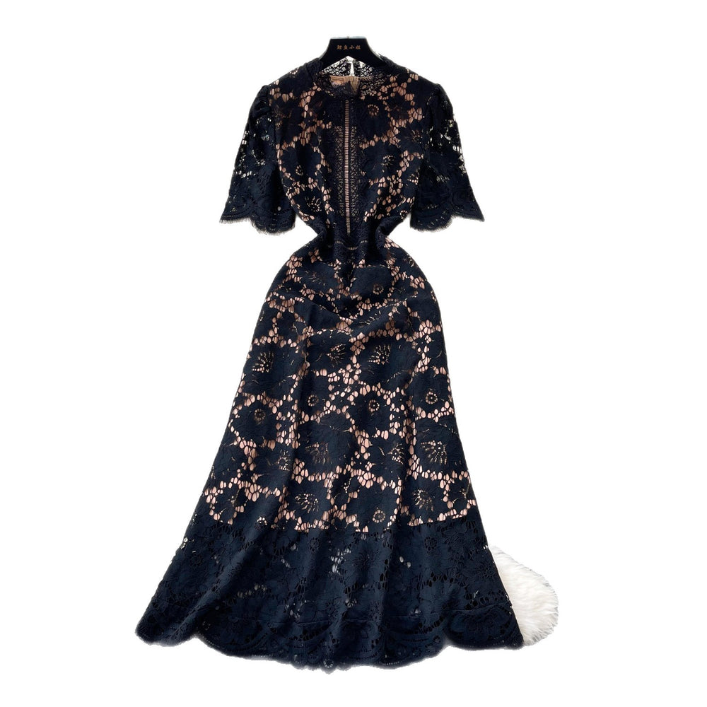 French sweet style pink hollow-out lace dress - women's summer korean style, slimming a-line dress for work and everyday wear