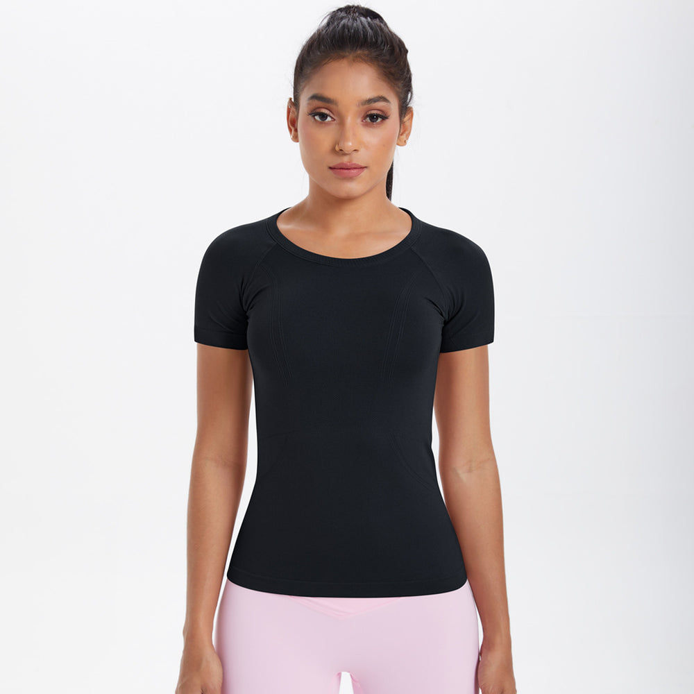 Spring/summer new one-piece knit short-sleeve crew neck sports t-shirt - running, fitness, slim-fit, breathable yoga top for women