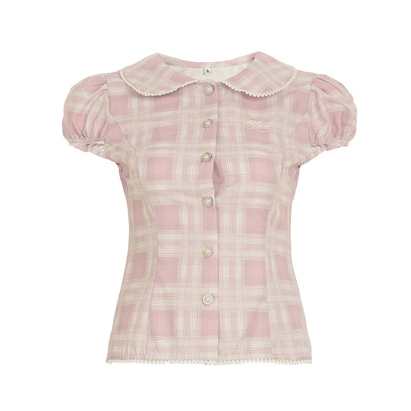Cute style pink plaid puff sleeve shirred waist slimming short sleeve shirt women's small floral lace trim cropped top summer
