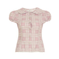 Cute style pink plaid puff sleeve shirred waist slimming short sleeve shirt women's small floral lace trim cropped top summer