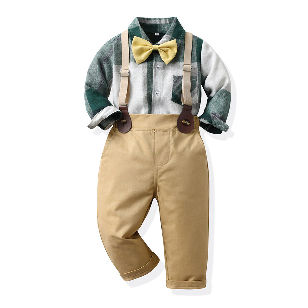 Kids' formal wear: spring/autumn preppy overalls, boys' long-sleeve plaid shirt set, baby's first birthday photography outfit