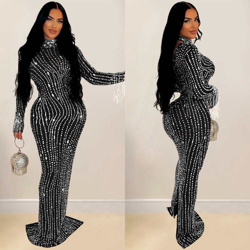 C6919 cross-border   independent station fashion women's solid color mesh rhinestone dress
