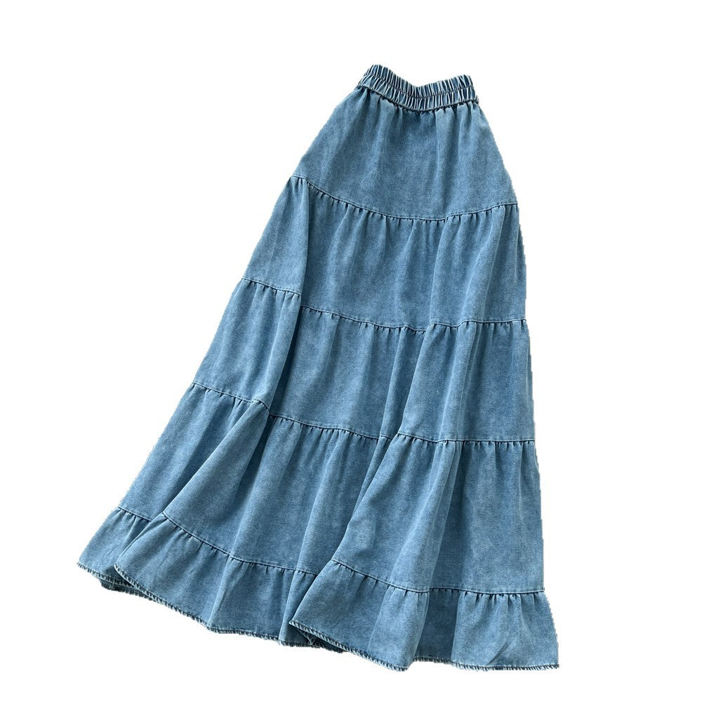 K-stylecasual style denim pleated a-line skirt women's slimming look elastic waist cake skirt easiest for matchwork clothing long skirt