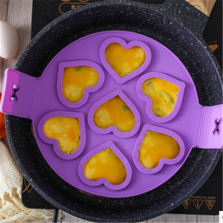 Silicone 7-cavity pancake mold - round, heart, star shaped egg ring - 7-piece diy baking mold set