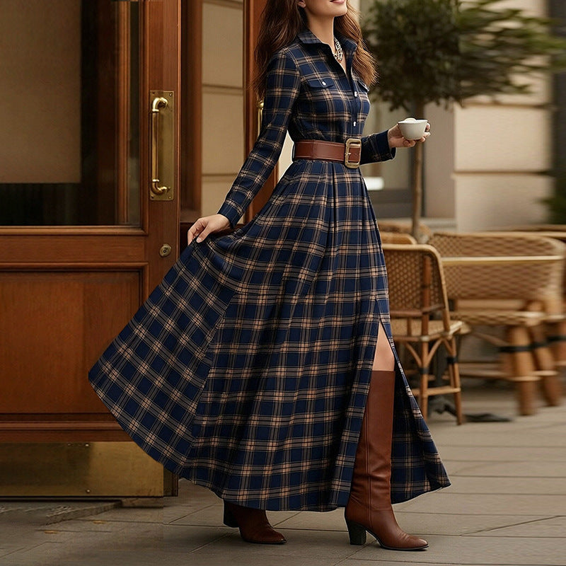 cross-border e-commerce european and american women's clothing: new summer collection - fashionable, casual, and elegant plaid notch collar slim-fit dress