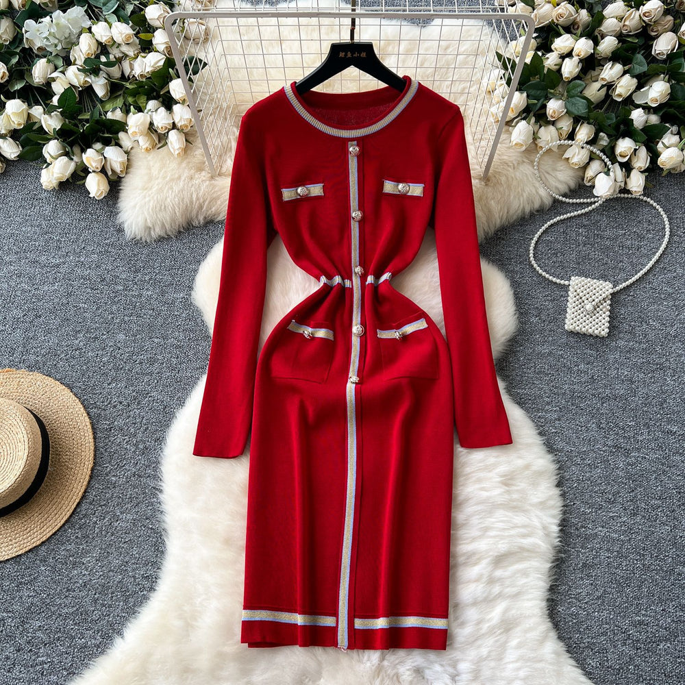 Fall and winterfrenchclassy small fragrant round neckcontrast color metal buckle waist slimming lookelegant inner sweaterdress