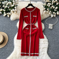Fall and winterfrenchclassy small fragrant round neckcontrast color metal buckle waist slimming lookelegant inner sweaterdress