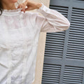Amazon fashion cross-border women's frenchretro stand collar lace patchworkshirt gentle style elegant long sleeves tops