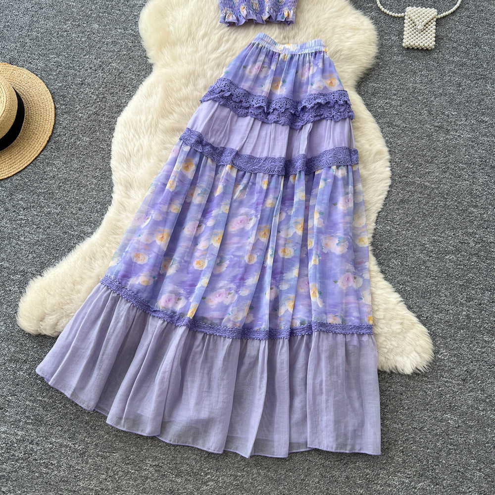 French chic floral two-piece set: summer tie-waist top & mesh tiered skirt