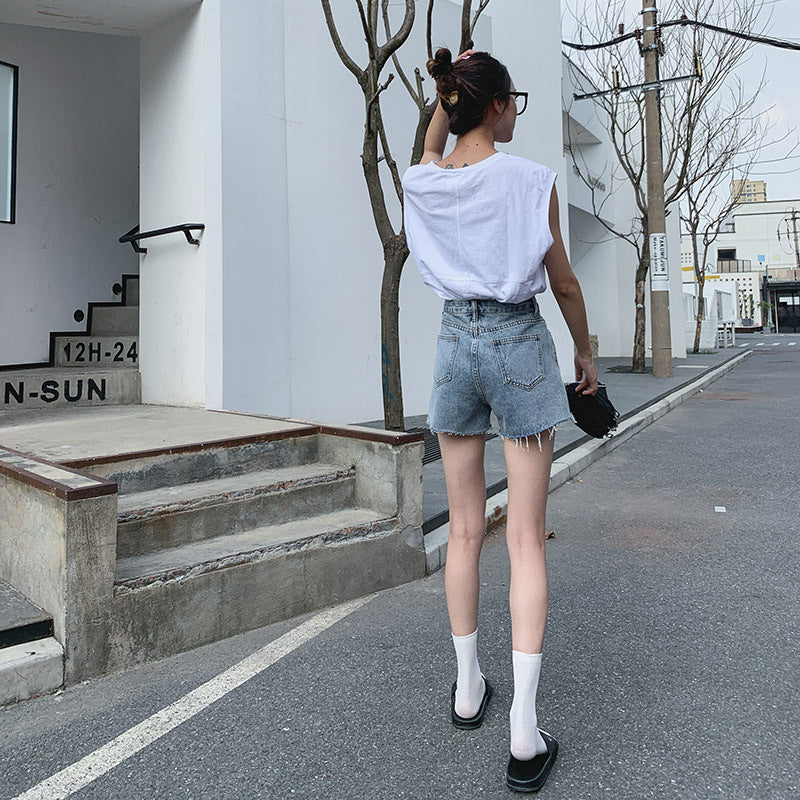 Bearded denim shorts for women new arrivalk-stylework clothingfashion ripped bearded washed high waistlooseloose pants