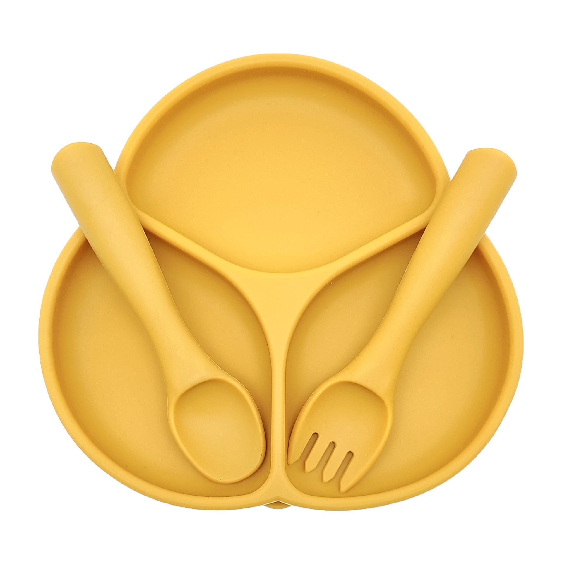 Food-grade silicone fork and spoon set, simple flower three-grid plate, non-slip silicone fork and spoon plate two-piece set