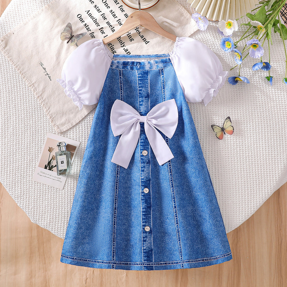 Girls' patchwork bubble sleeve faux denim dress - summer kids' a-line princess dress with large bow at chest and square neck