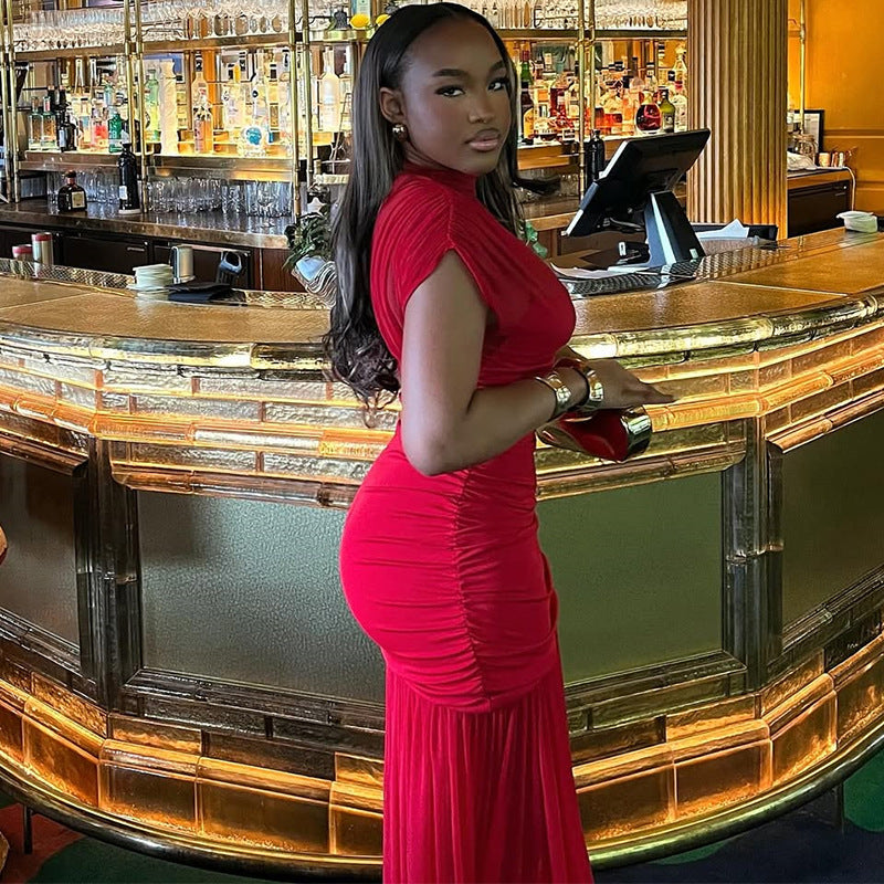 European and American  women's clothing 2025 summer new temperament semi-turtleneck slim and thin splicing long red dress