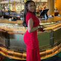 European and american cross-border women's fashion:  summer new arrival - elegant mock neck slim-fit padded long red dress