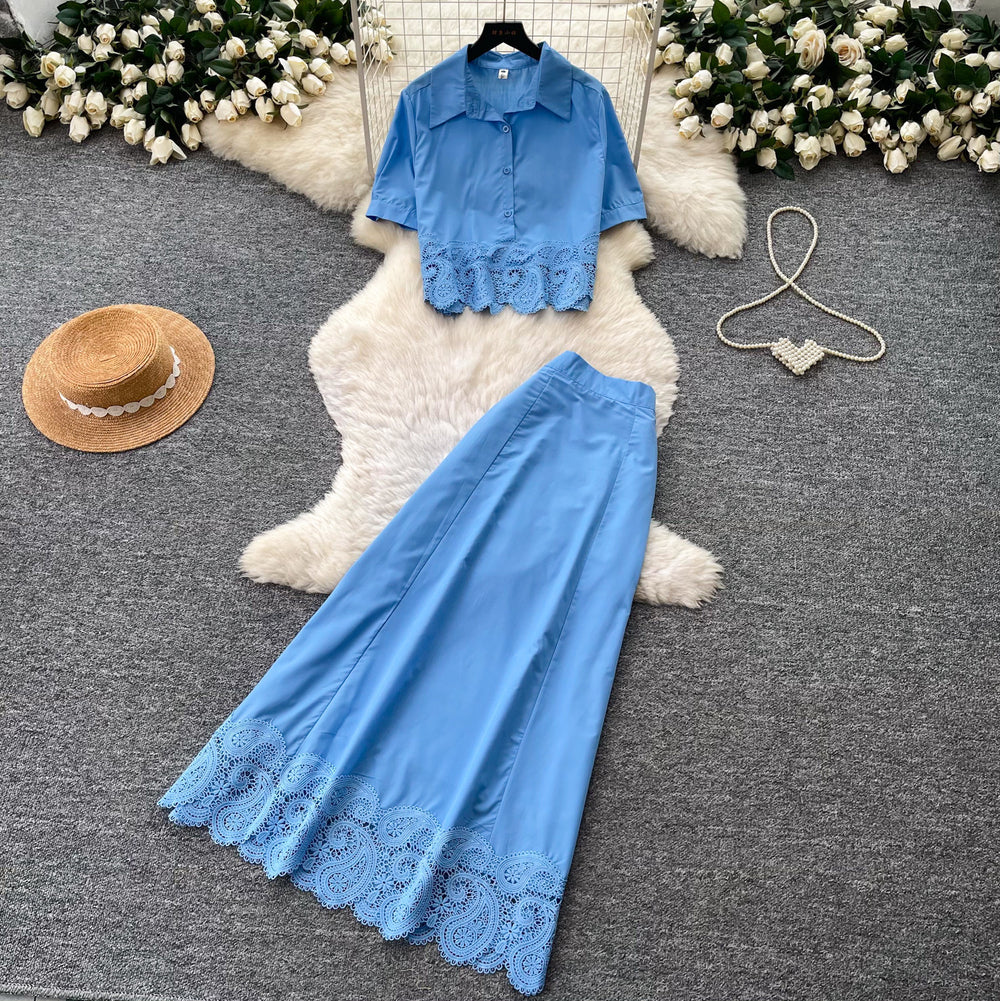 Korean style hollow-out lace tank top and midi skirt set - women's summer slim fit two-piece outfit - commute-friendly, light luxury, and elegant