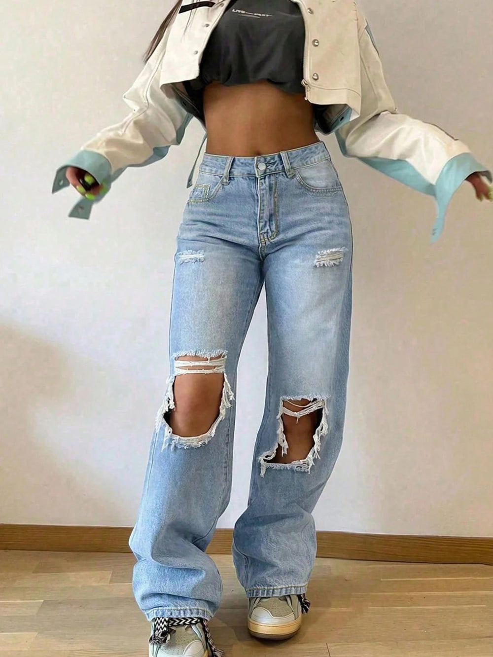 Fashionjeans women's ripped high waist wide leg mop pants american retro washed loosestraight-leg beggar pants