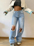 Fashionjeans women's ripped high waist wide leg mop pants american retro washed loosestraight-leg beggar pants