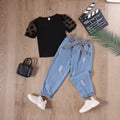 European and american style girls' summer lace patchwork sleeve top + heavy-duty washed denim pants set with belt
