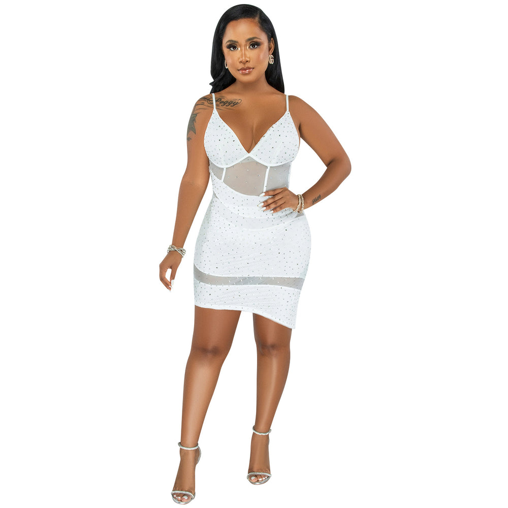 X5575 cross-border fashion women's sexy v-neck mesh see-through nightclub rhinestone strappy irregular dress