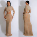 C6863 cross-border   fashion women's solid color mesh rhinestone long dress