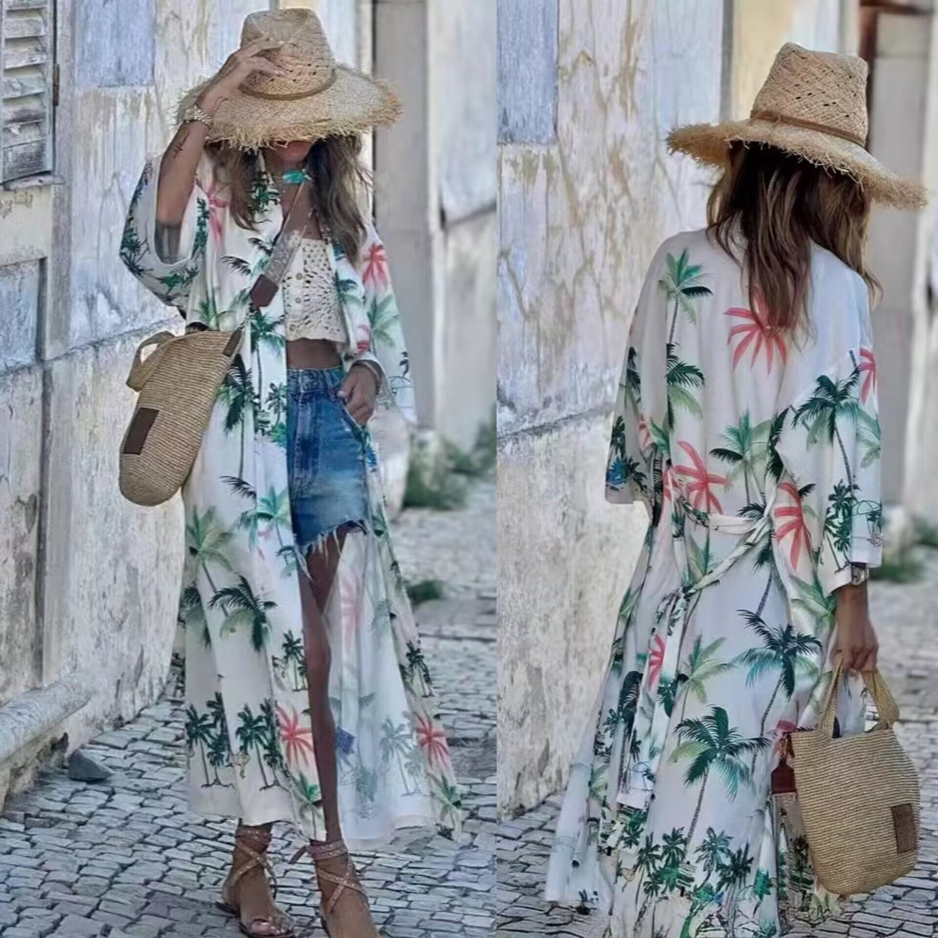 Europe, America and   2025 summer new casual printing long sunscreen shawl cardigan jacket women