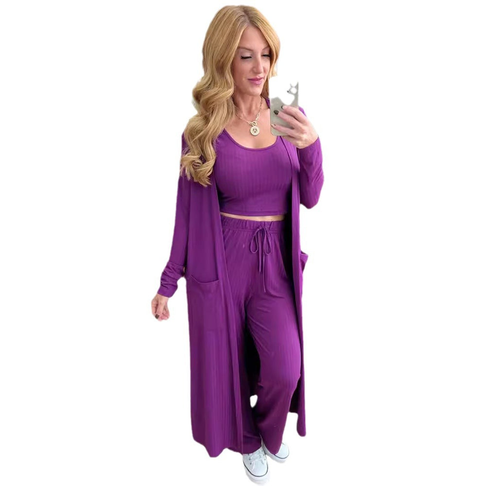 new cross-border fashion: women's long-sleeved tank top, longline jacket, and wide-leg tie-waist pants three-piece set for the us and european markets