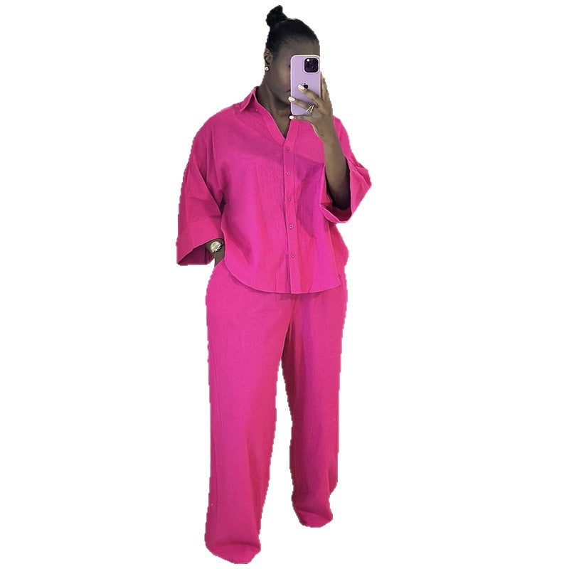 European and american cross-border african women's clothing  spring/summer new fashion solid color turn-down collar loose shirt high-waisted pants set