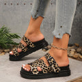 Leopard print platform sandals women's  summer new thick sole european and american style one-strap slippers plus size wedge sandals