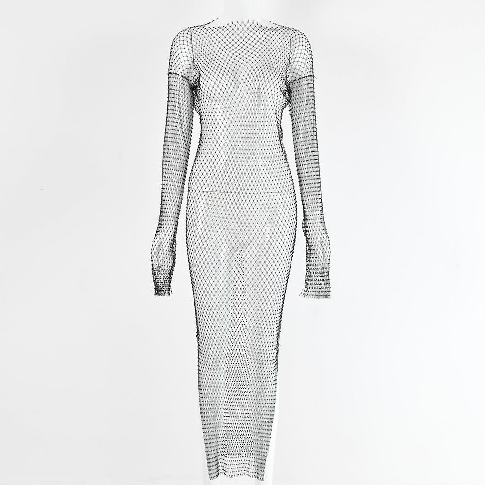European and American sexy women's clothing autumn new 2022  hot-selling solid color fishing net grid flash diamond round neck split dress