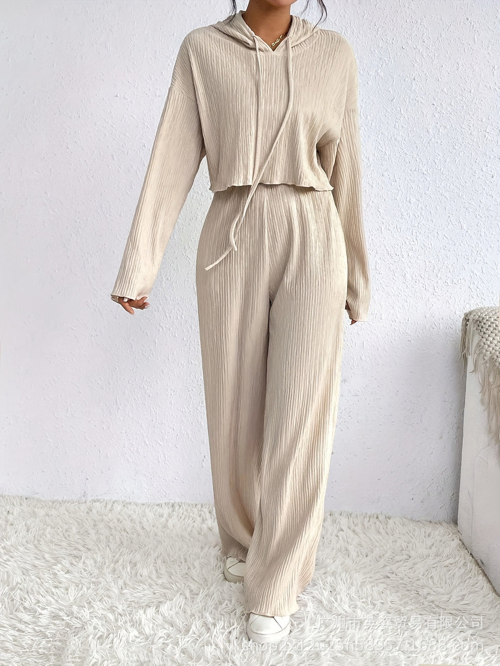 Spot wholesale independent station  new casual solid color knitted lace-up hoodie long sleeve trousers set two-piece set