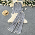 Knitting shirt two-piece set women's fall and winter lazy style easiest for matchretro lapel pullover sweaterhigh waistcasual wide-leg pants