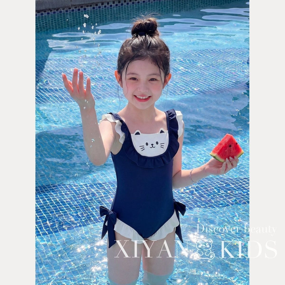 Summer pool baby swimsuit - stylish one-piece tankini for girls, cute cat design