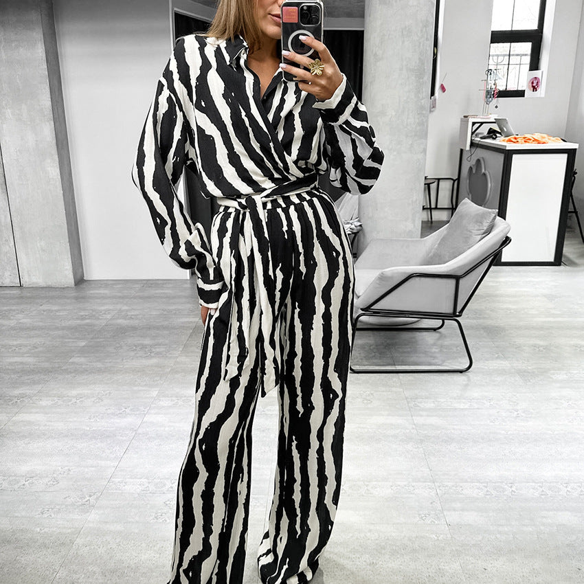 Cross-border European and American zebra pattern printing set 2025 spring fashion lace-up cardigan trousers two-piece casual women's clothing