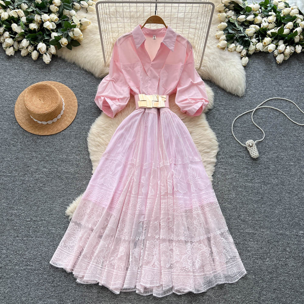 French chic lantern sleeve patchwork midi dress with embroidered mesh detail - summer luxury women's dress