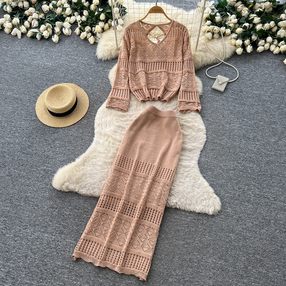 French chic crochet knit two-piece set: elegant, versatile, and slimming top & midi skirt outfit
