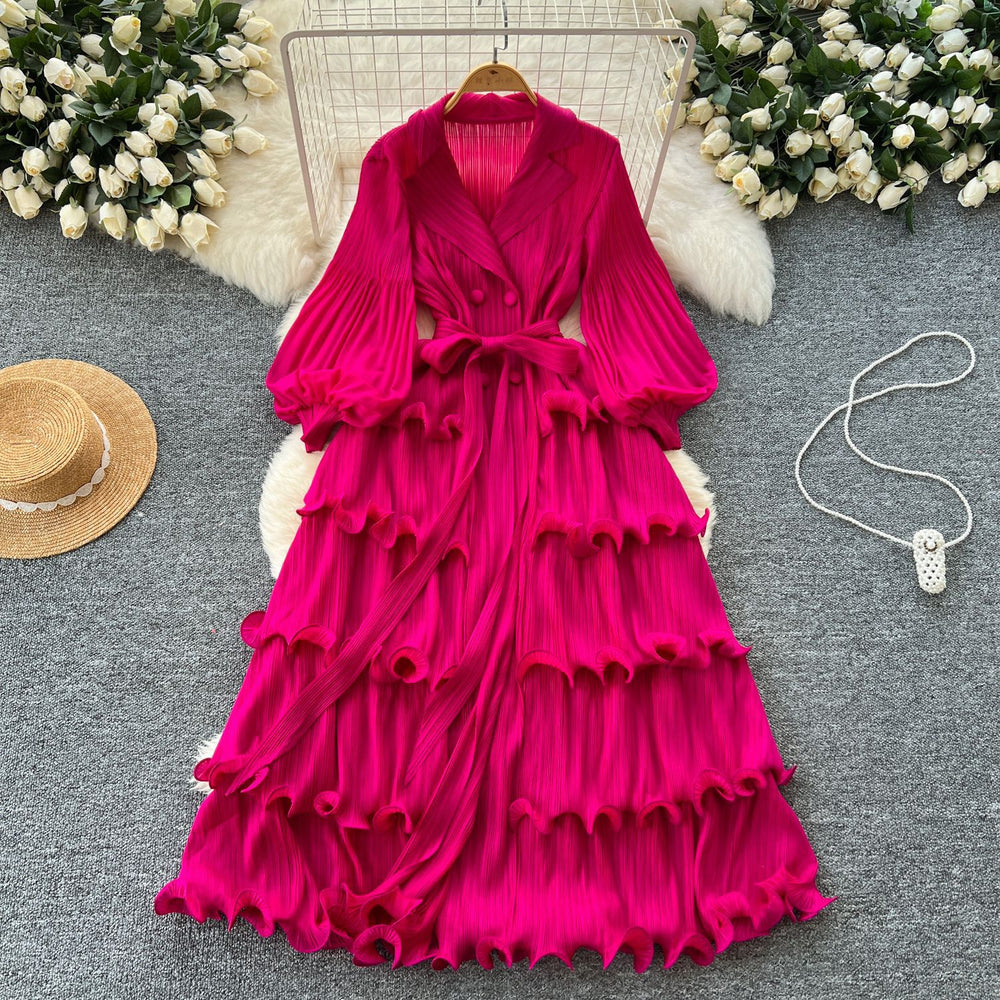 2025 new elegant spring dress: high-end vintage collar lantern sleeve ruched waist ruffle pleated dress for women
