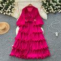 2025 new elegant spring dress: high-end vintage collar lantern sleeve ruched waist ruffle pleated dress for women