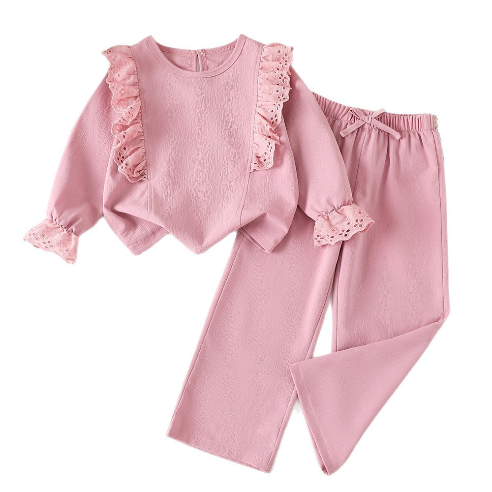 Girls' pink lace trim crewneck sweatshirt and bowknot patchwork pants set - stylish two-piece outfit for spring and autumn