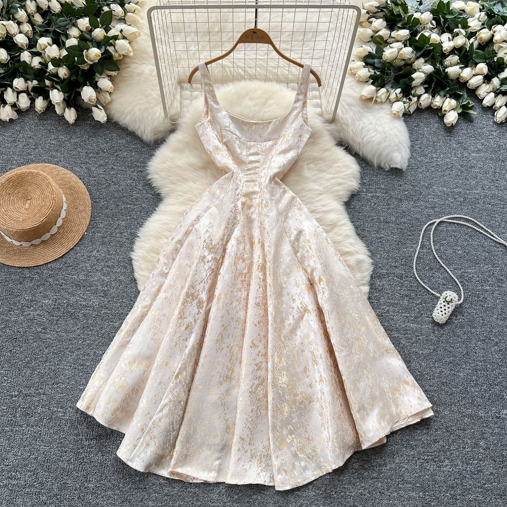 Palace retro jacquard dress dress for women summerfrench waist slimming lookelegant fluffy long skirt