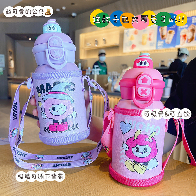 Double-drink kids' thermos cup - 316 stainless steel, food-grade, cute cartoon design, student straw cup