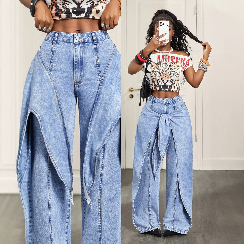 Fashionjeans women's light blue snowflake washed fake two-piece ribbon wide-leg pants american hot girl high waist deconstructed style
