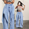 Fashionjeans women's light blue snowflake washed fake two-piece ribbon wide-leg pants american hot girl high waist deconstructed style