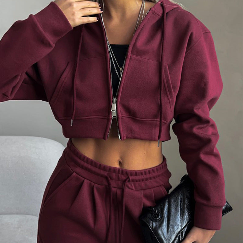 Europe, America,  autumn new women's casual suit solid color short waist hooded cardigan lace-up sweatpants