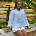 European and american cross-border women's clothing:  summer new arrival - casual turn-down collar, loose fit, versatile, designer striped shirt top