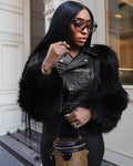 European and american style patchwork faux fur motorcycle jacket - women's autumn/winter short faux leather jacket - fashionable streetwear warm top
