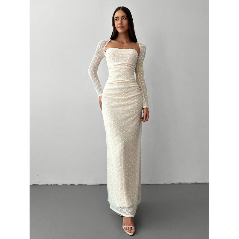 Aliexpress 1688 independent station women's elegant square neck jacquard knitted long sleeve dress gown