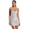 C7179 cross-border   fashion women's sexy halter neck rhinestone bodycon mini dress