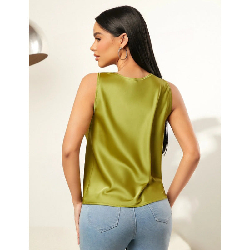 summer new satin ruched neck solid color sleeveless tank top - wholesale european and american style sleeveless tops